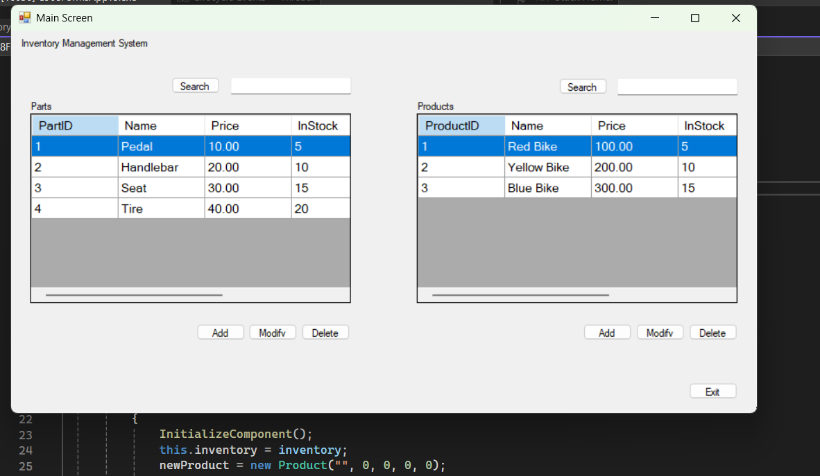 Inventory tables and parts editor